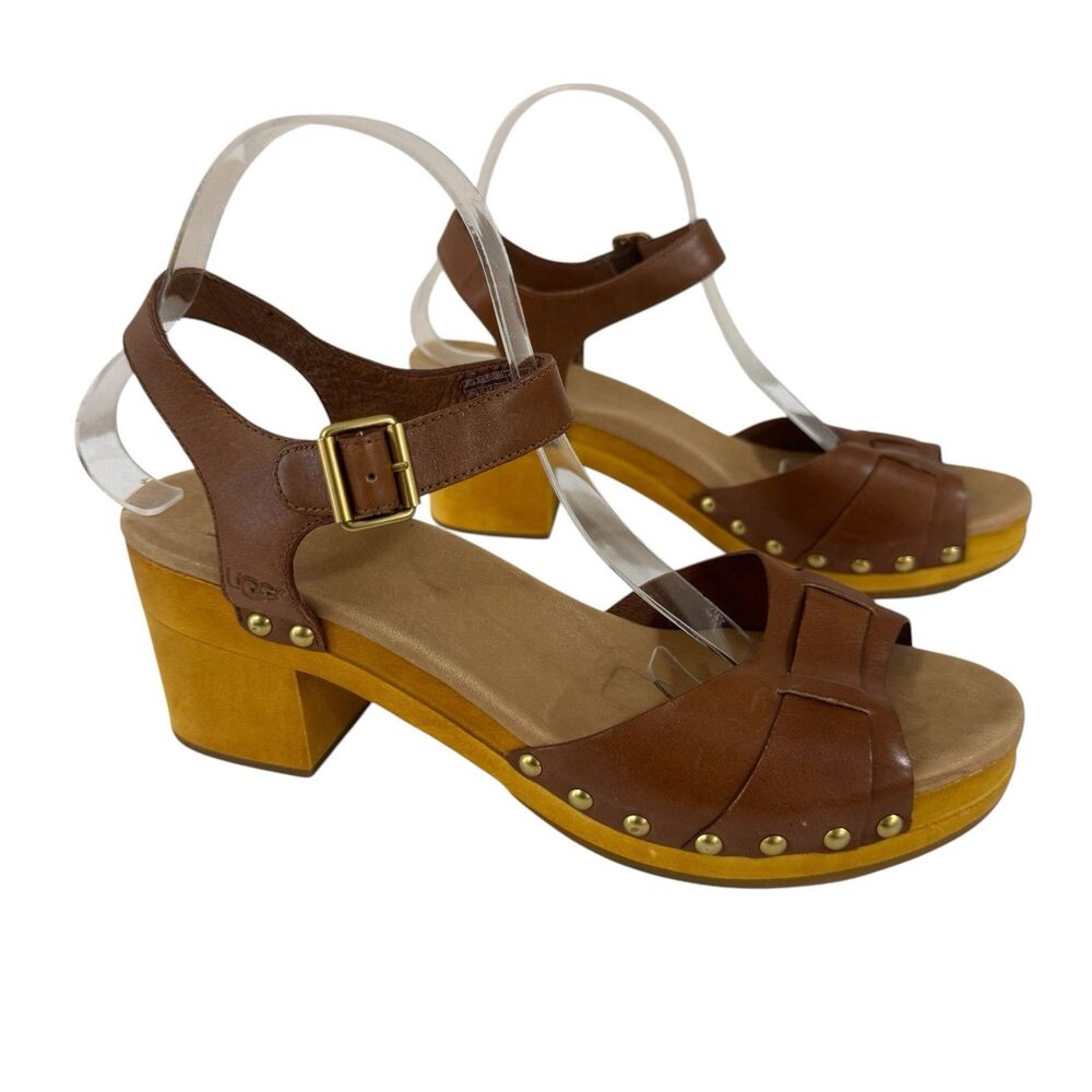 UGG 10 Janie Sandals Brown Leather Block Heel Clog Studs Strappy Womens READ